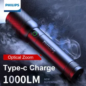 Philips SFL6168 Zoom Flashlight with USB Charging 18650 Battery Portable Flashlights Rechargeable Lamp for Self Defense Camping