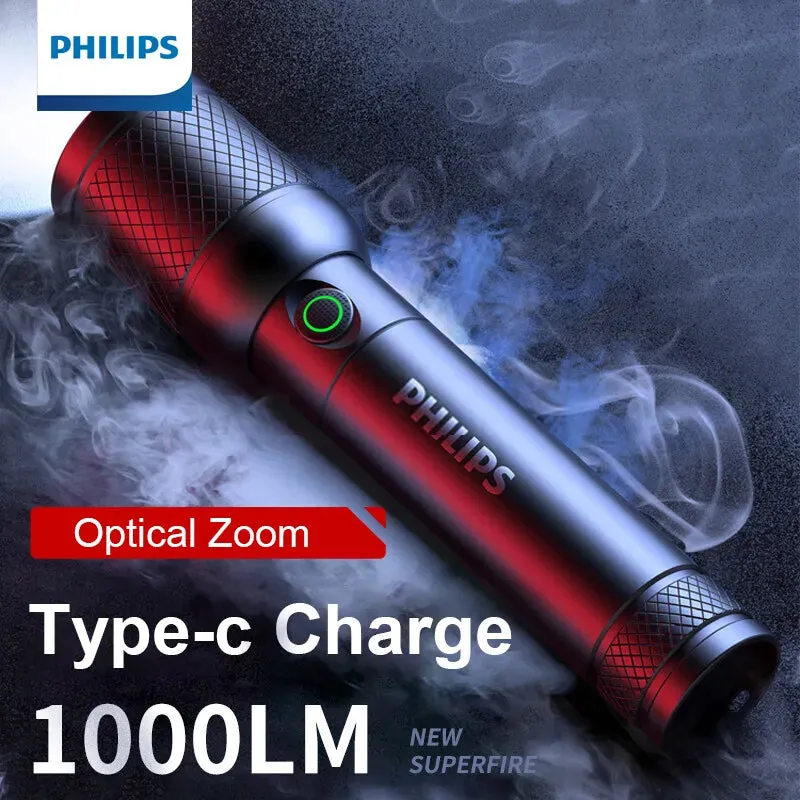 Philips SFL6168 Zoom Flashlight with USB Charging 18650 Battery Portable Flashlights Rechargeable Lamp for Self Defense Camping