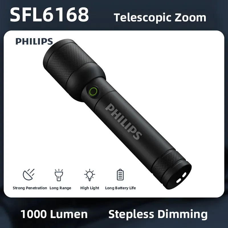 Philips SFL6168 Zoom Flashlight with USB Charging 18650 Battery Portable Flashlights Rechargeable Lamp for Self Defense Camping