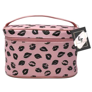 PREMIUS Cosmetic bag with Top Handle & Gold Metal Zipper, Lips Print, 10x7x6 Inches