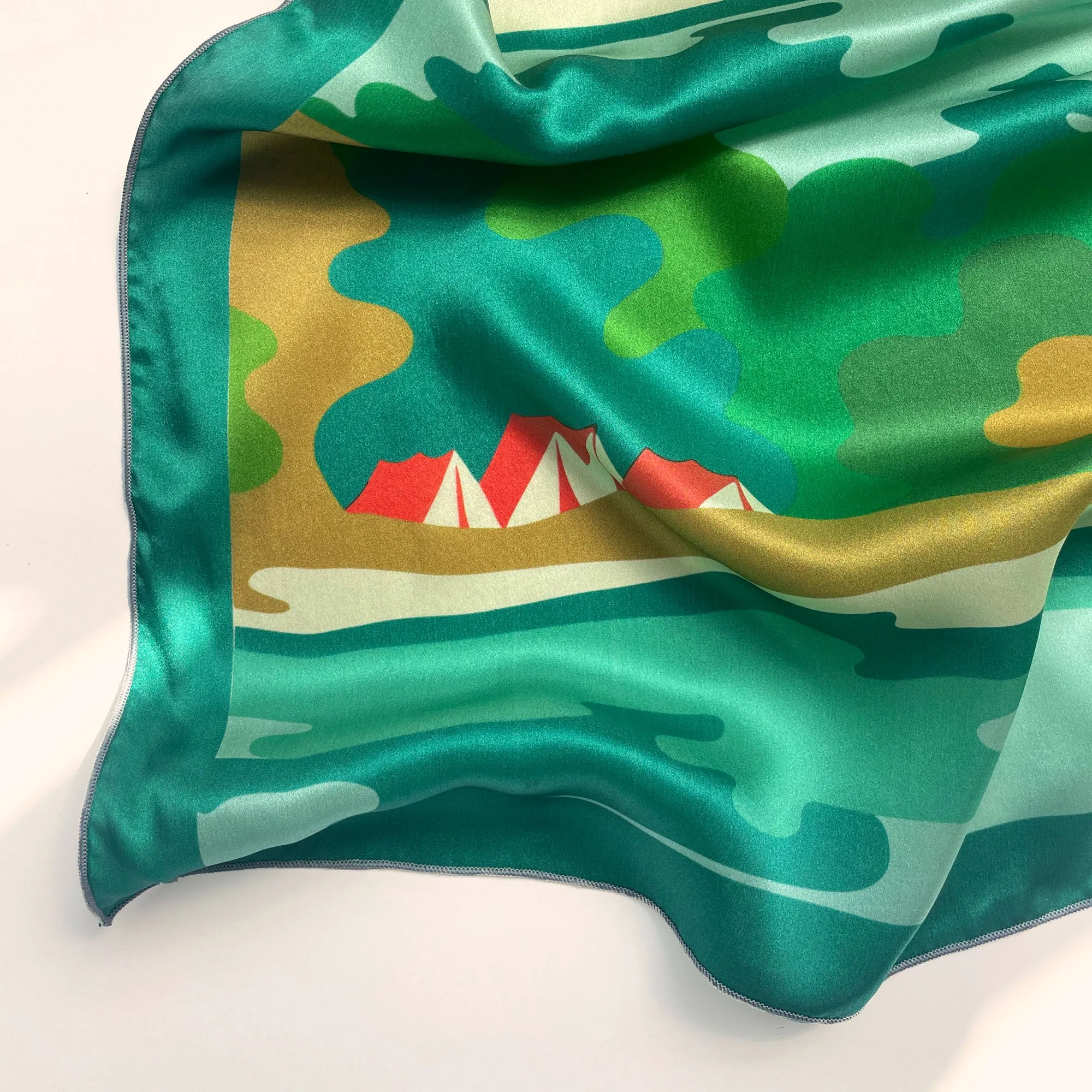 Private Listing for Laura - Camp -  square silk scarf. Retro lakeside camping scene in blues and greens