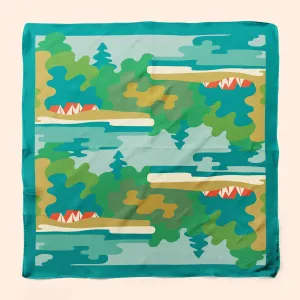 Private Listing for Laura - Camp -  square silk scarf. Retro lakeside camping scene in blues and greens