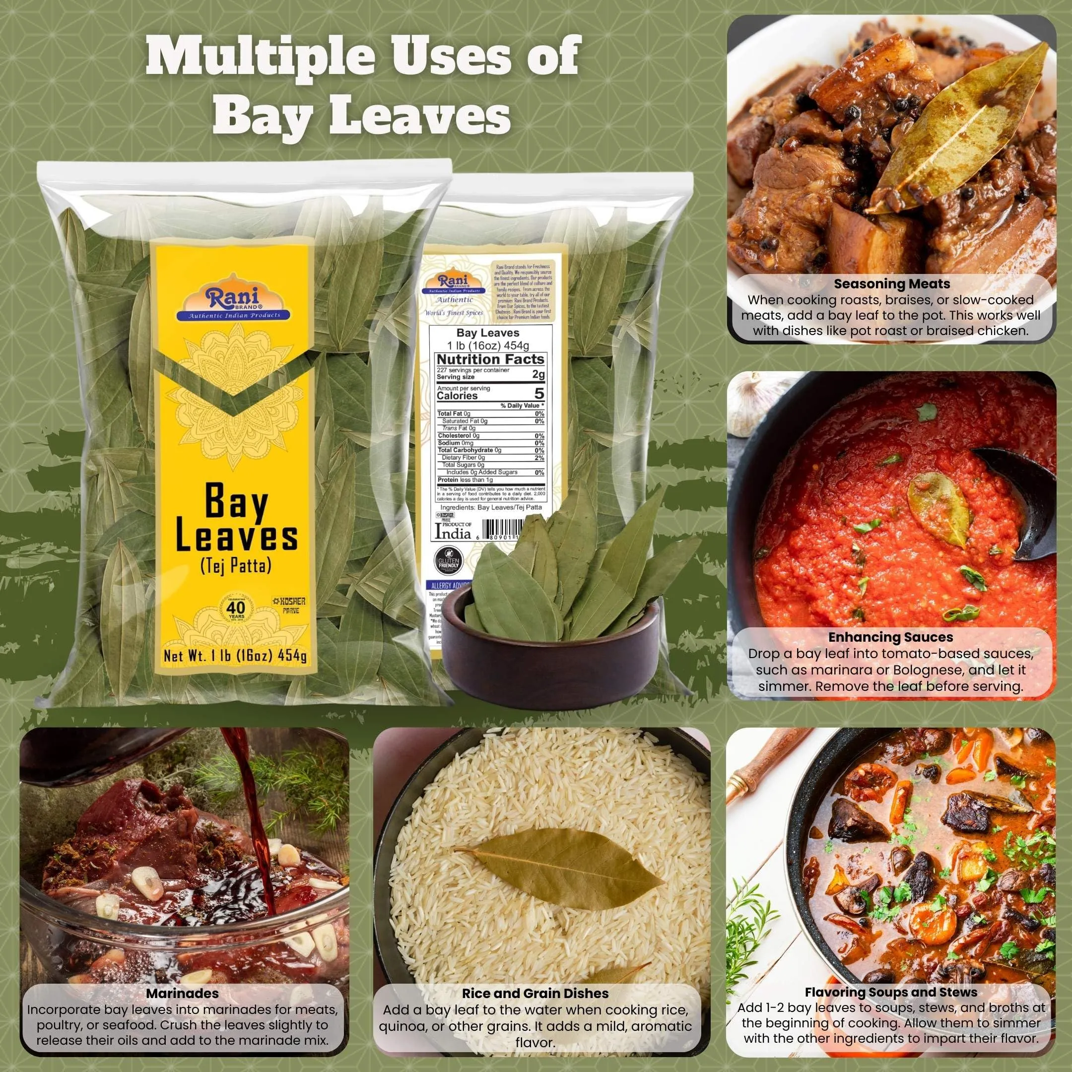 Rani Bay Leaf (Leaves) Whole Spice Hand Selected Extra Large 16oz (1lb) 454g Poly ~ All Natural | Gluten Friendly | NON-GMO | Kosher | Vegan | Indian Origin