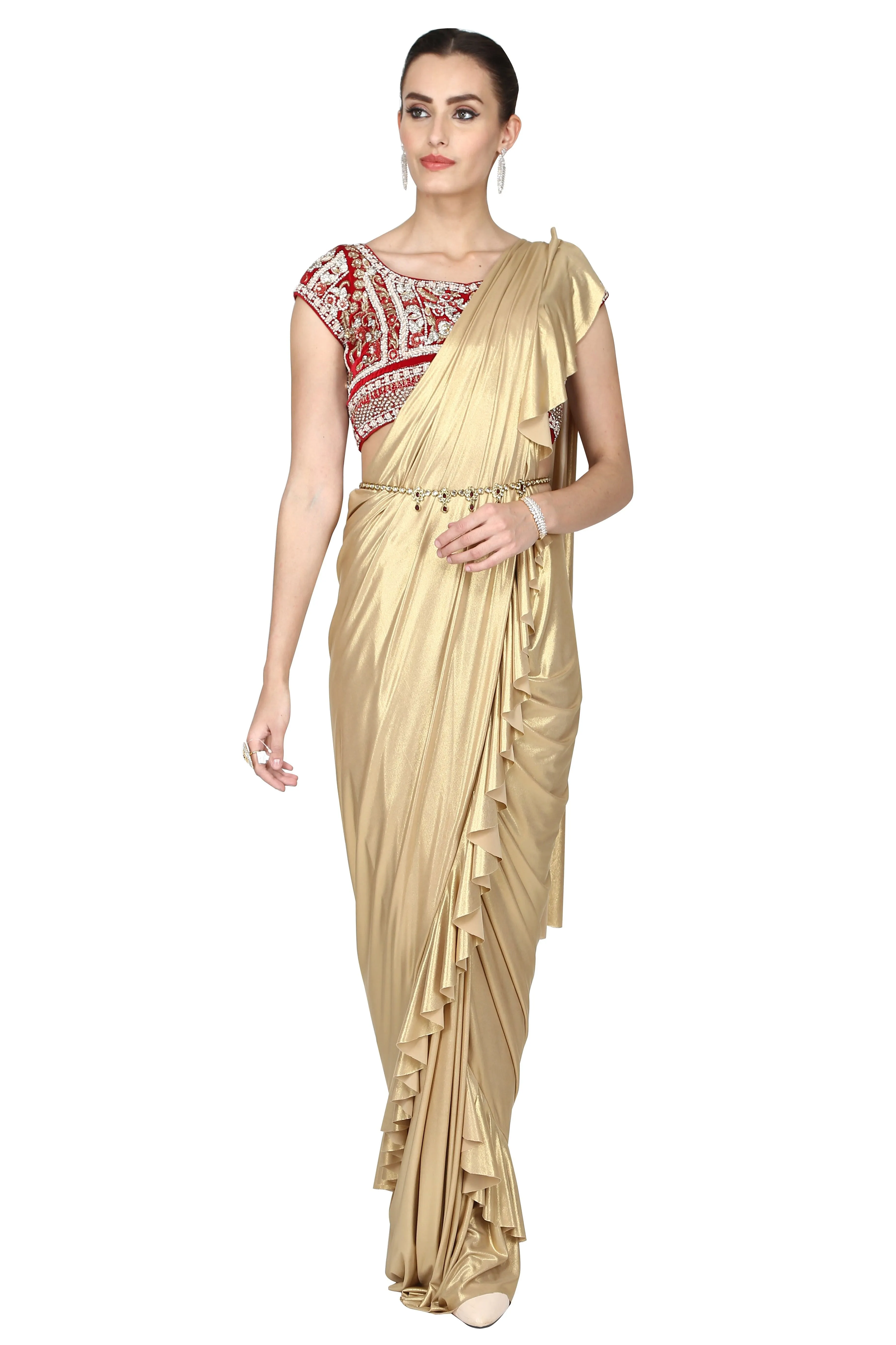 Shimmer golden pre-drape saree