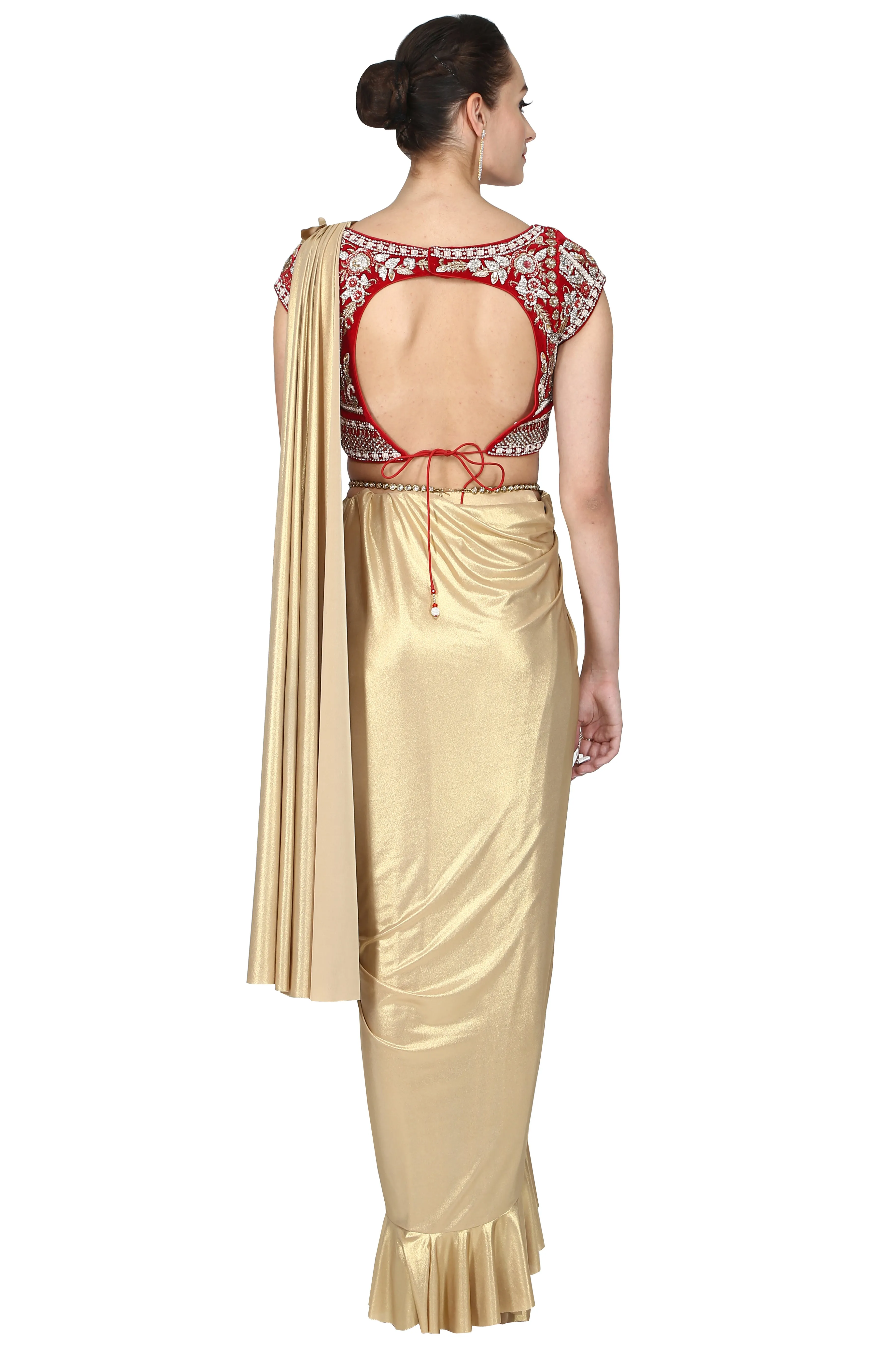 Shimmer golden pre-drape saree