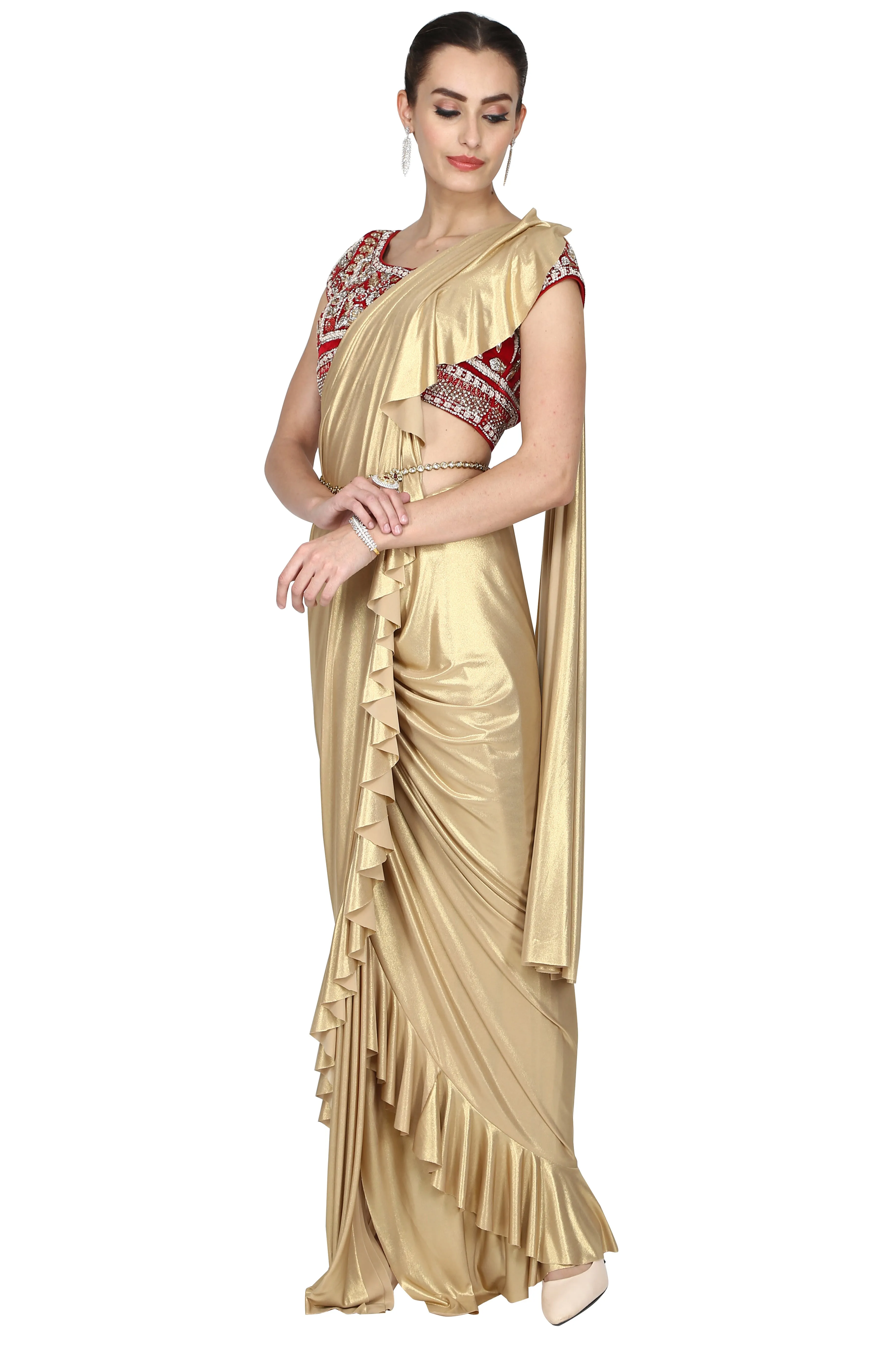 Shimmer golden pre-drape saree