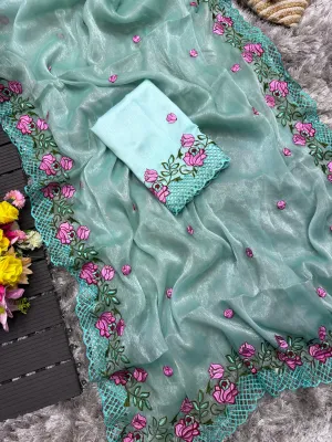 Sky Blue Crush Silk Saree with Intricate Floral Embroidery & Matching Blouse