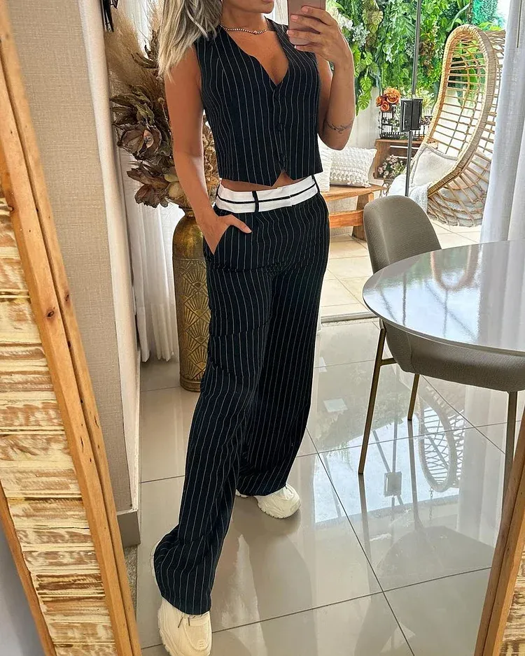 Sleeveless Striped Elegant Two-Pieces Suit