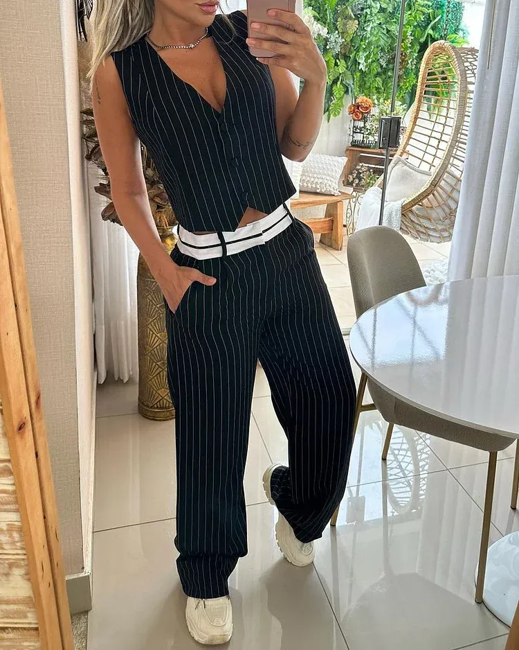 Sleeveless Striped Elegant Two-Pieces Suit