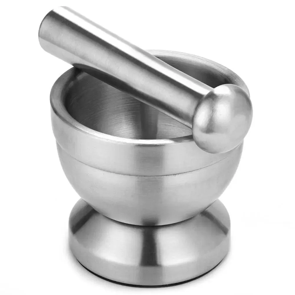 Stainless Steel Mortar and Pestle Pedestal Bowl Garlic Press Herb Mill