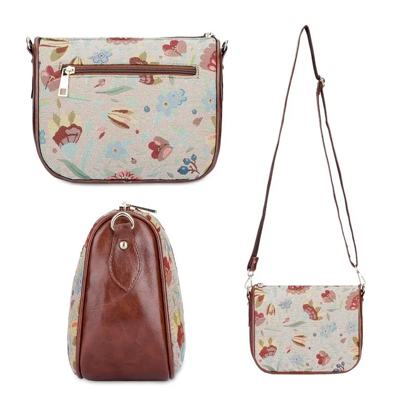 THE CLOWNFISH Garnet Series Tapestry Fabric Crossbody Sling Bag for Women Ladies Single Shoulder Bag Shoulder Belt (Sky Blue-Floral)