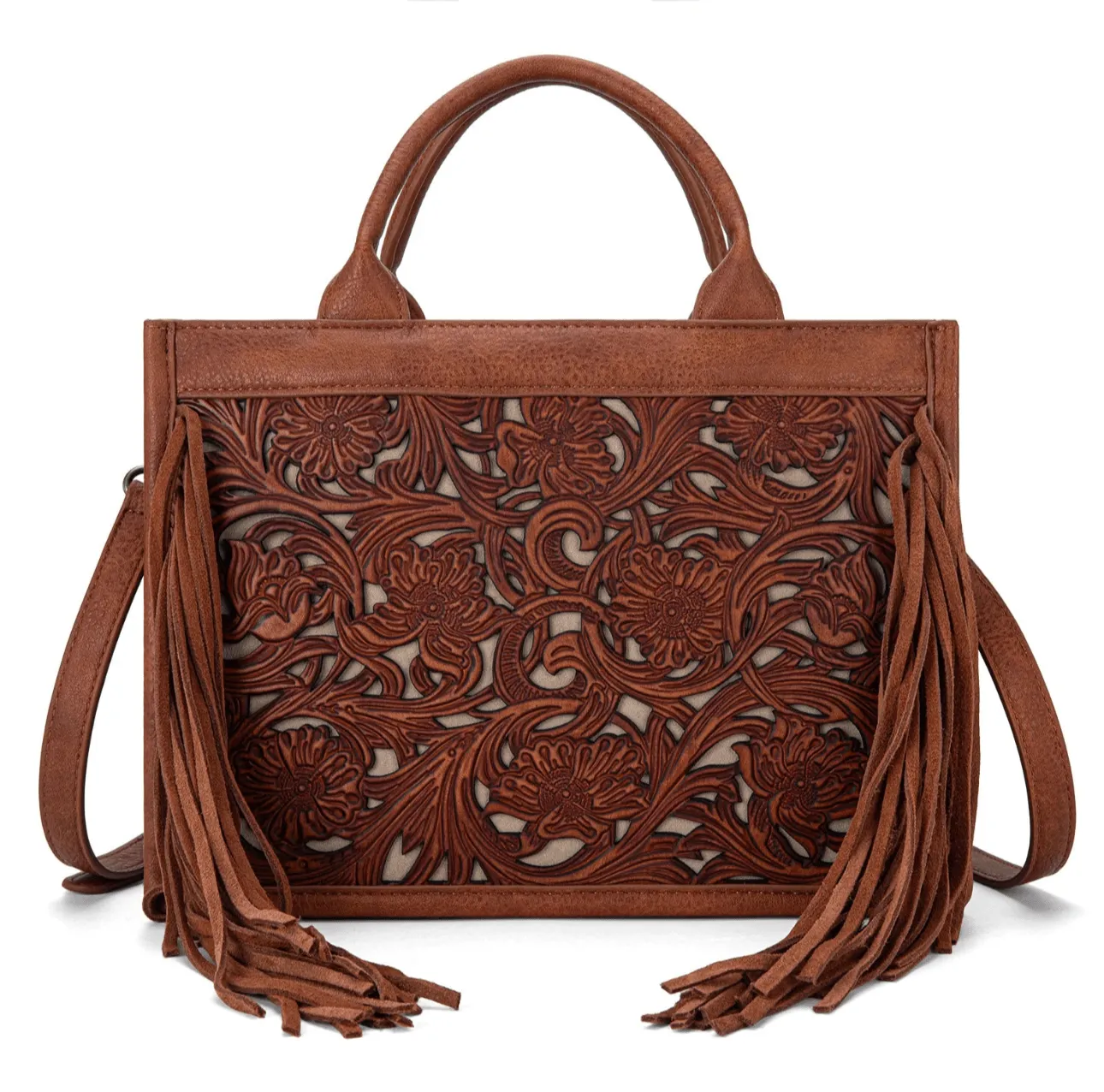 Trinity Ranch Floral Tooled Fringe CC Tote/ Crossbody