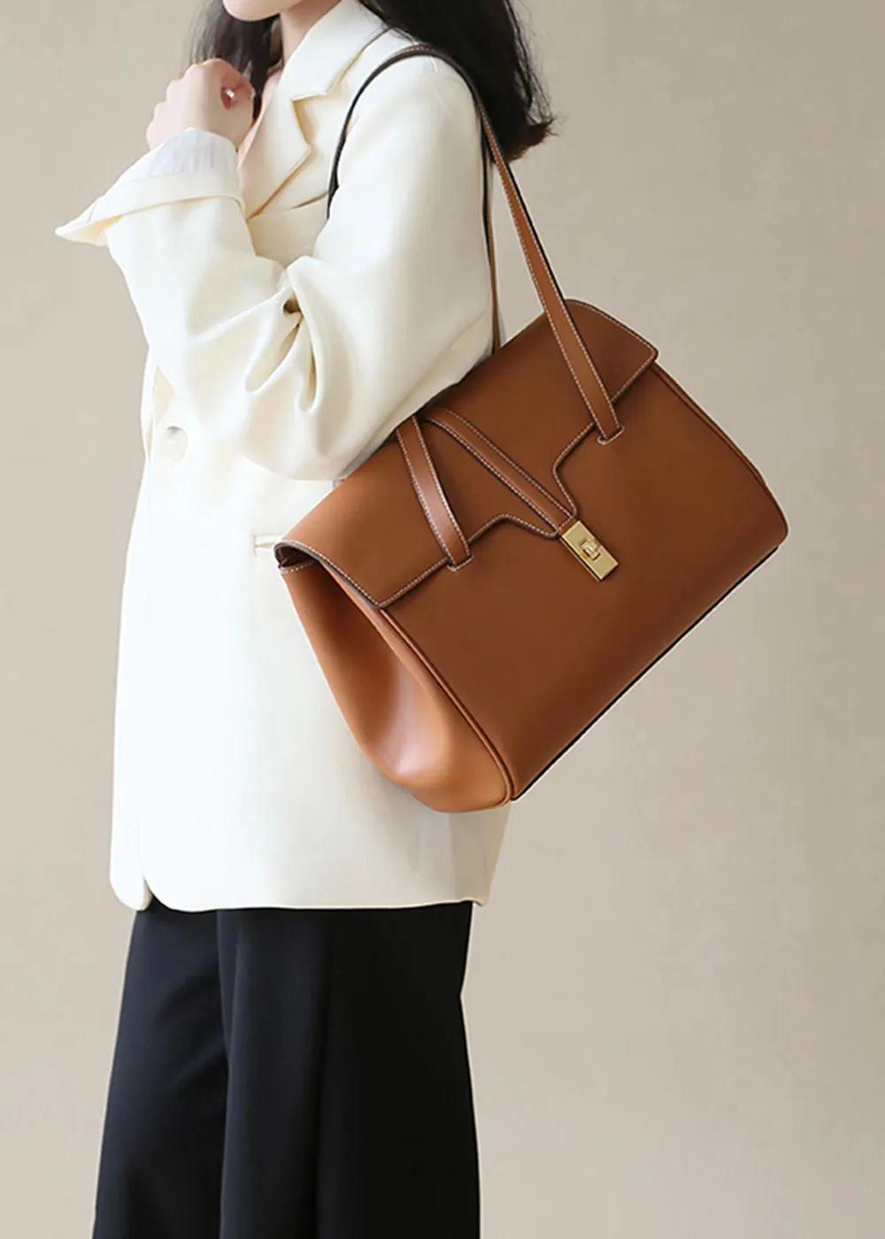 Turnlock Flap Leather Tote Bag