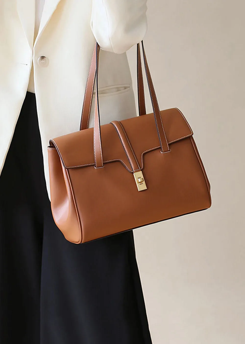 Turnlock Flap Leather Tote Bag