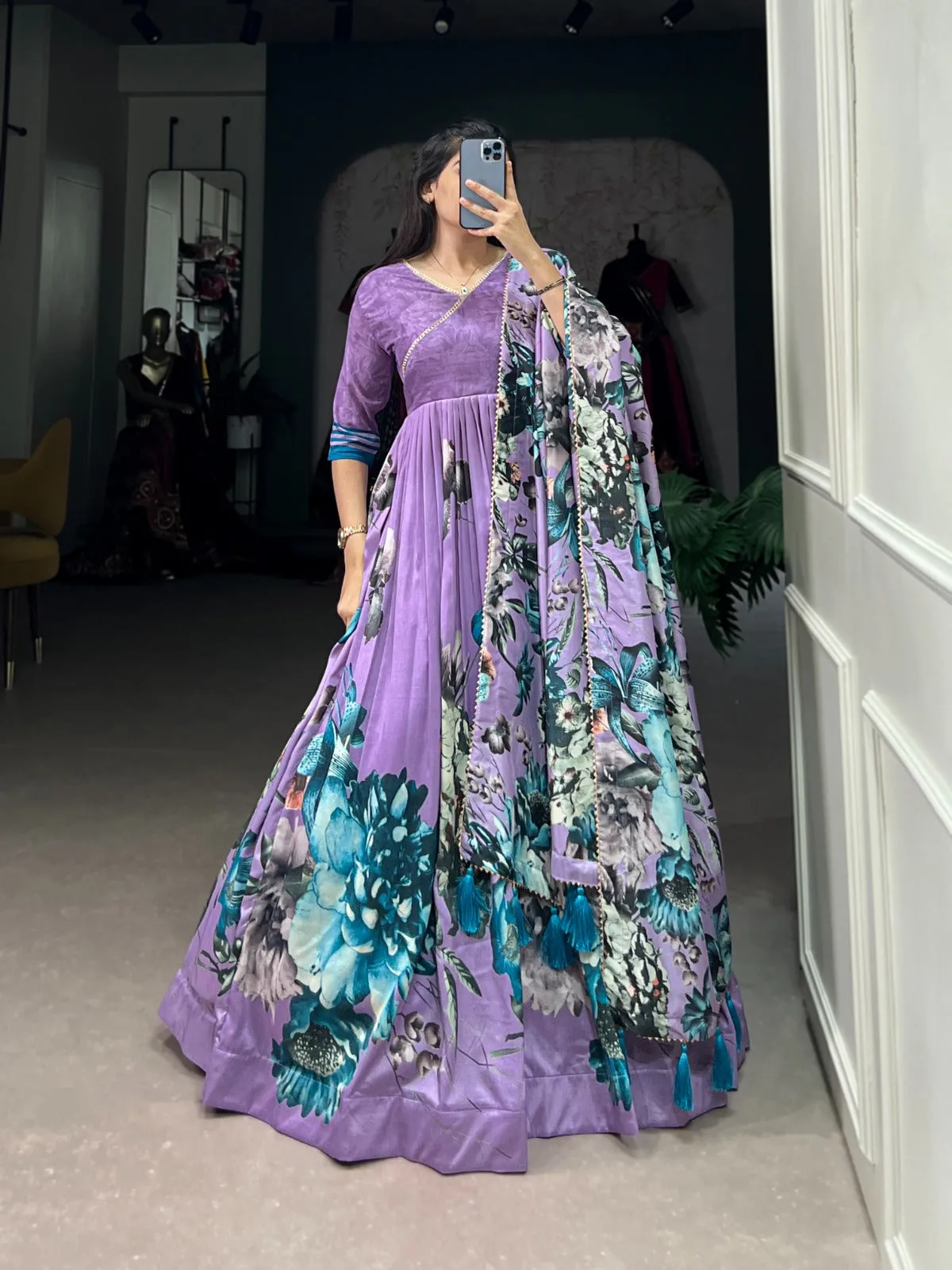 Tussar Silk Floral Printed Gown With Dupatta