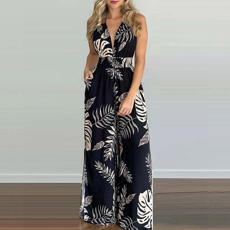 V-neck halterneck halter waist jumpsuit