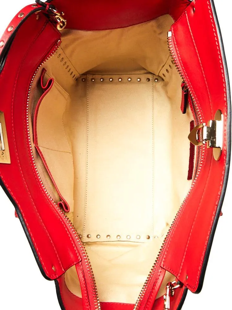 Valentino Red Calfskin Leather Rockstud Double Handle Tote Bag