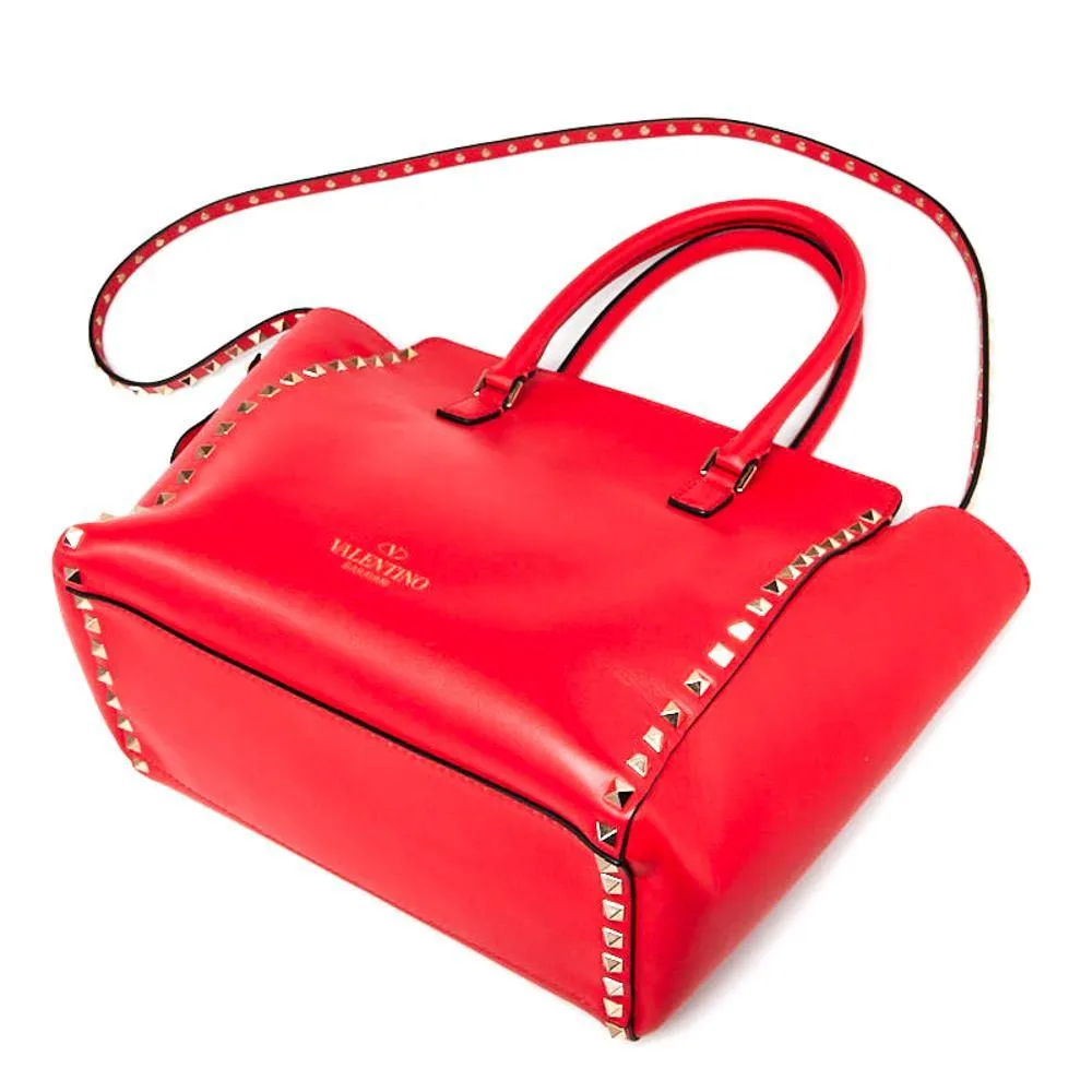 Valentino Red Calfskin Leather Rockstud Double Handle Tote Bag