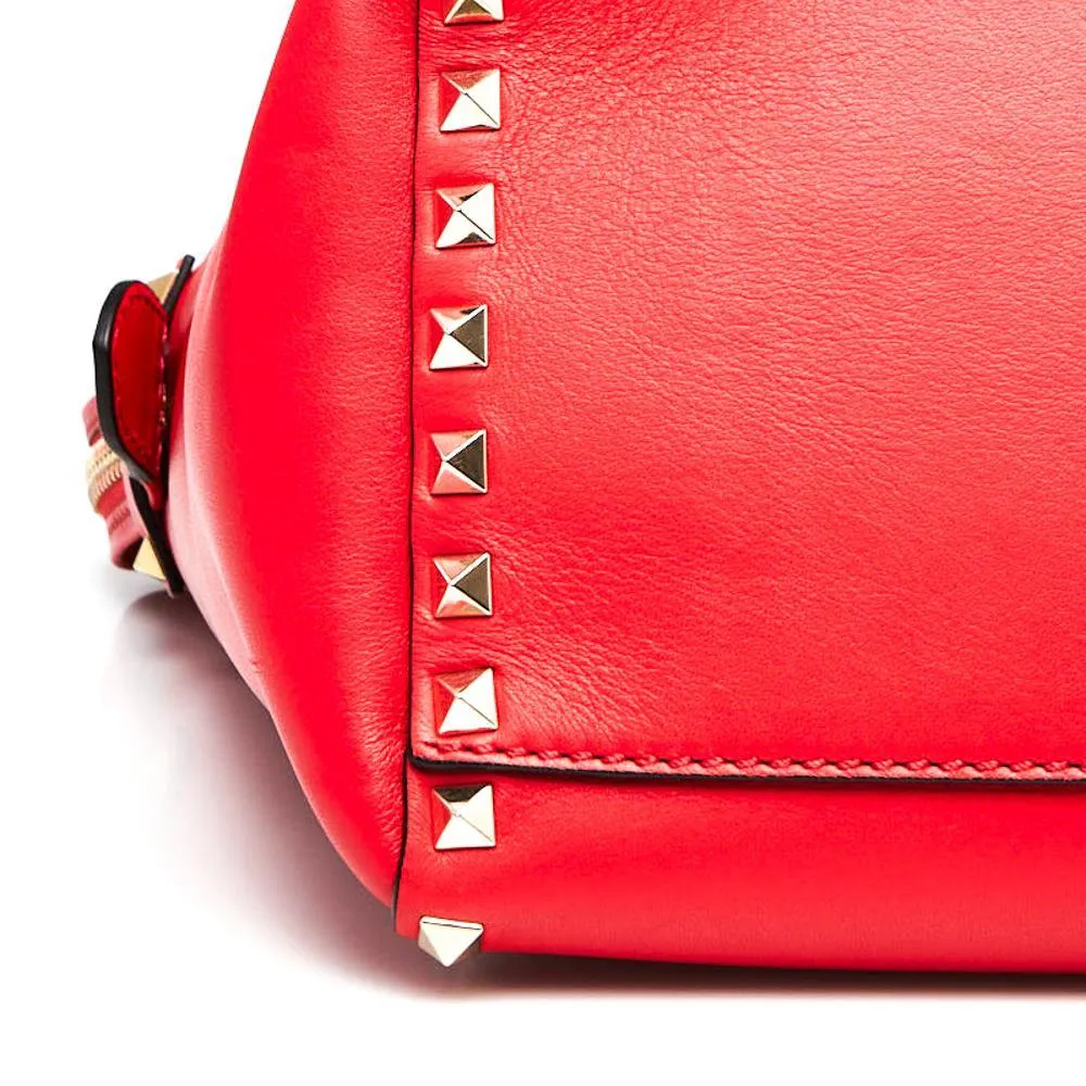 Valentino Red Calfskin Leather Rockstud Double Handle Tote Bag