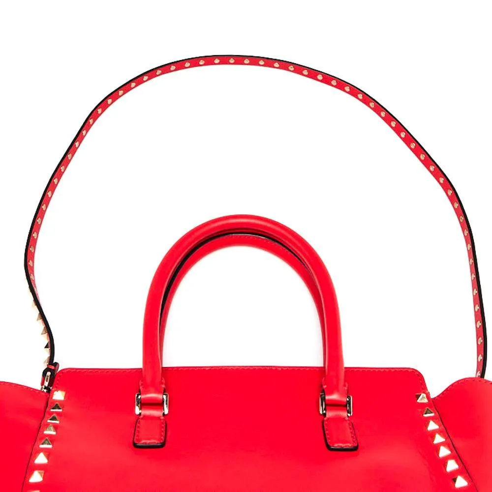 Valentino Red Calfskin Leather Rockstud Double Handle Tote Bag