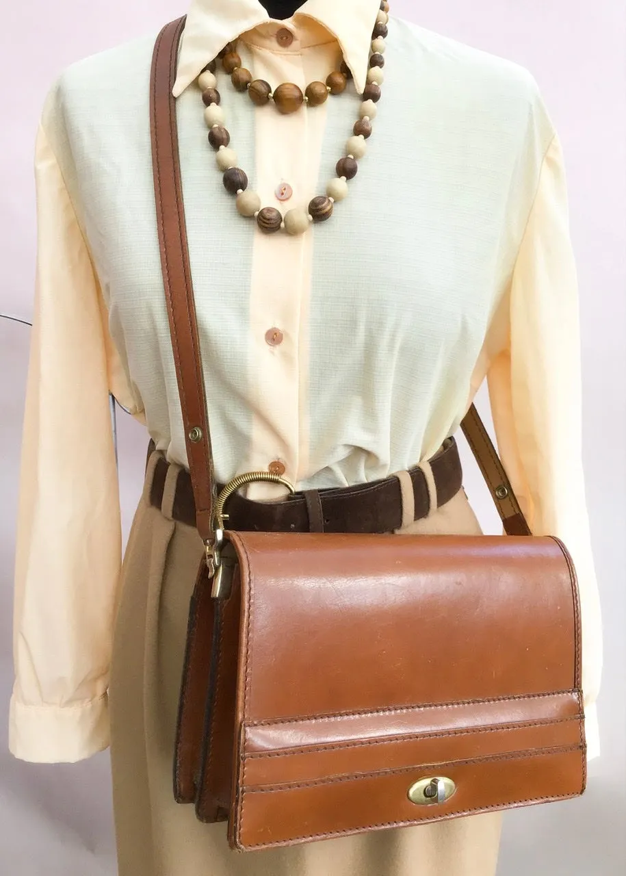 Vintage 70s Tan Brown Leather Satchel Shoulder Bag