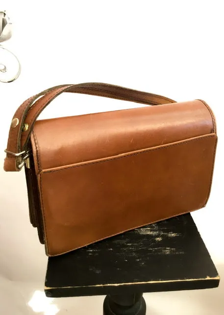 Vintage 70s Tan Brown Leather Satchel Shoulder Bag