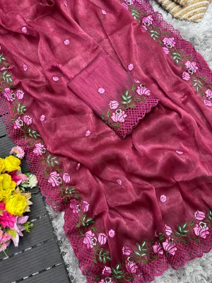 Wine Crush Silk Saree with Intricate Floral Embroidery & Matching Blouse