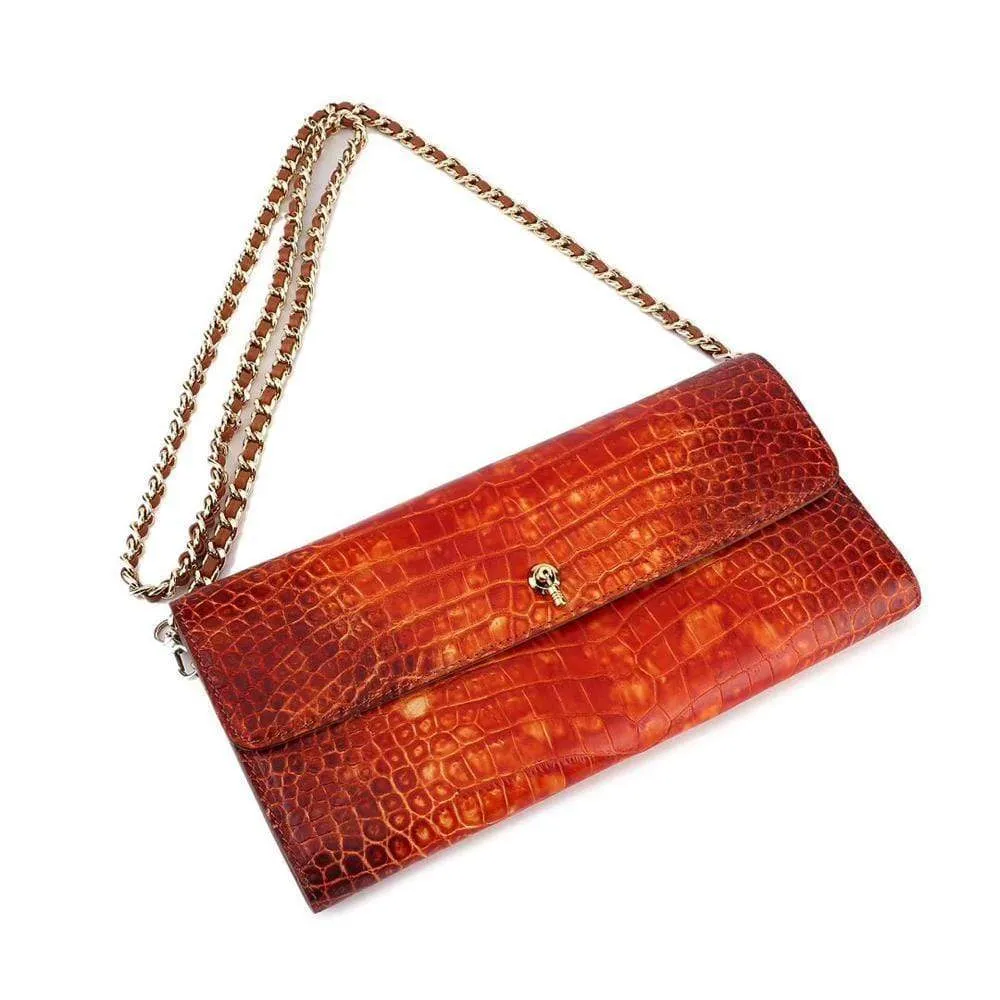 Women's Crocodile Leather  Pouches Chain Pouchette Clutch Bags Orange